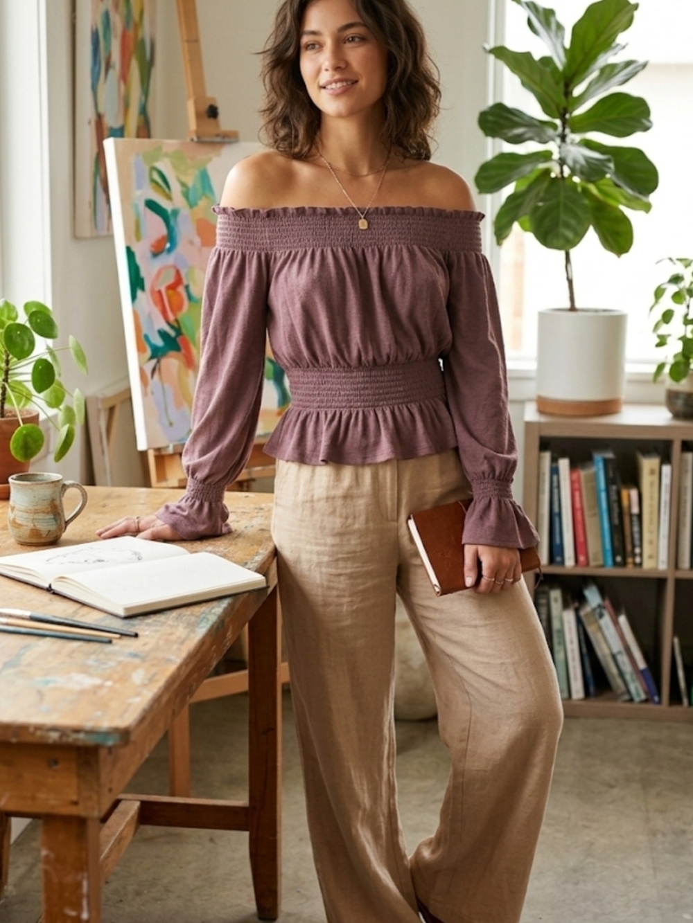 Express Mauve Off-Shoulder Smocked Waist Blouse